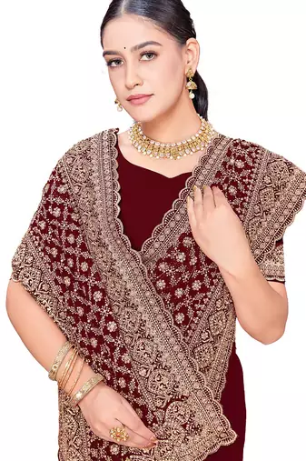 Designer maroon zari embroidery zarkan work georgette saree