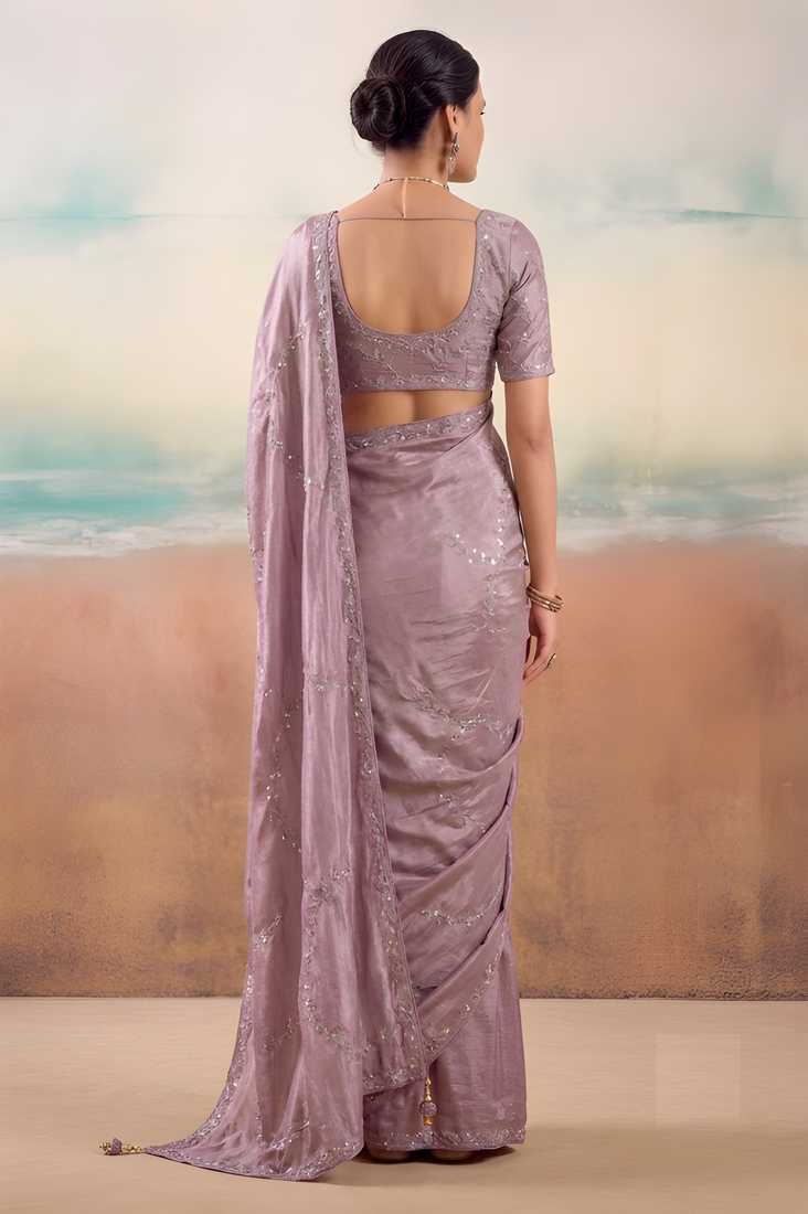 Lavender solid poly chiffon ethnic saree
