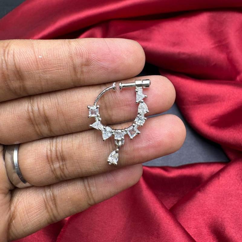minimalist cz nath nose pin  silver hoop bridal jewelry