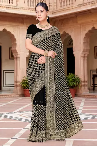 Designer black zari embroidery zarkan work georgette saree