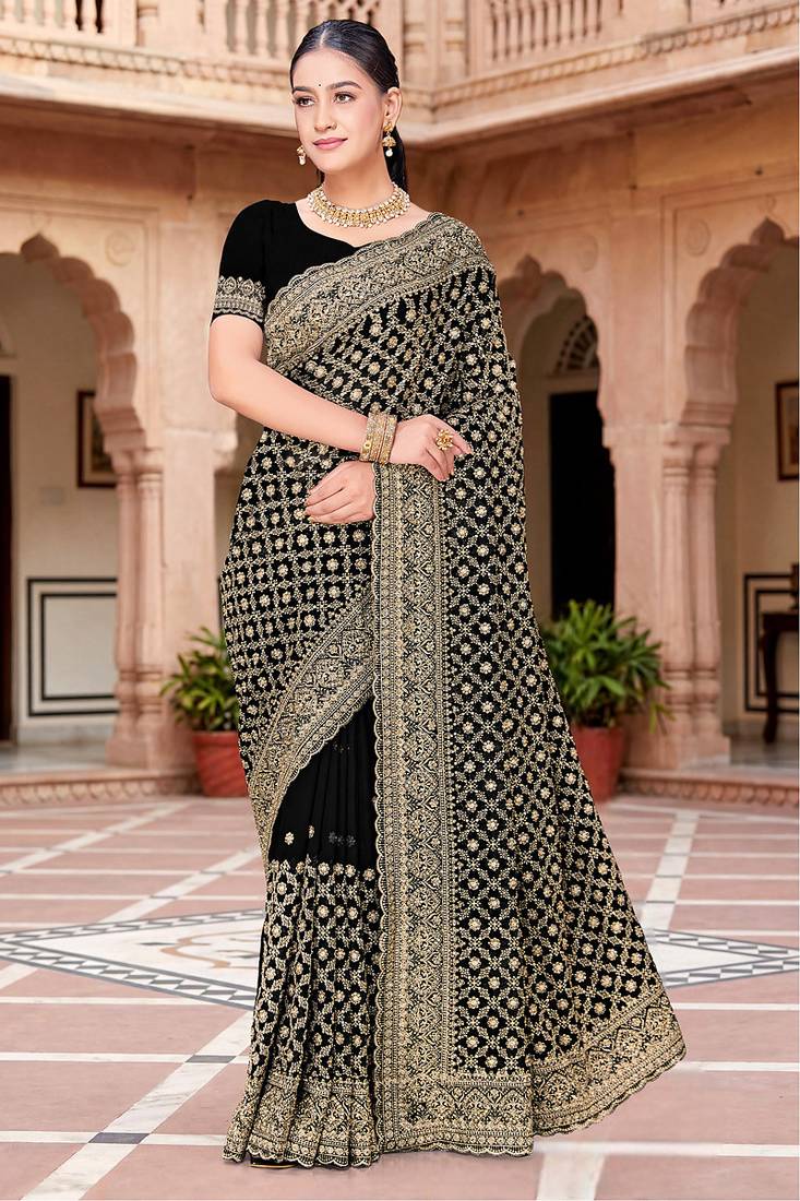 Designer black zari embroidery zarkan work georgette saree