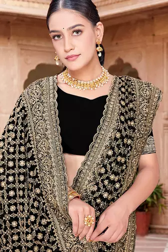 Designer black zari embroidery zarkan work georgette saree