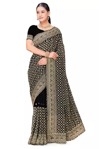 Designer black zari embroidery zarkan work georgette saree