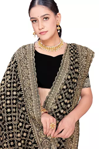 Designer black zari embroidery zarkan work georgette saree