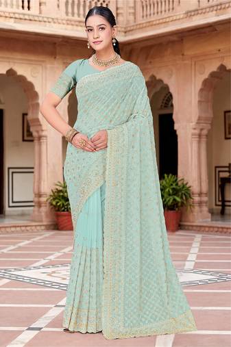 Designer sea green zari embroidery zarkan work georgette saree