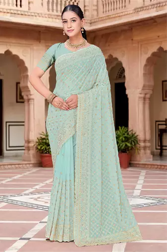 Designer sea green zari embroidery zarkan work georgette saree