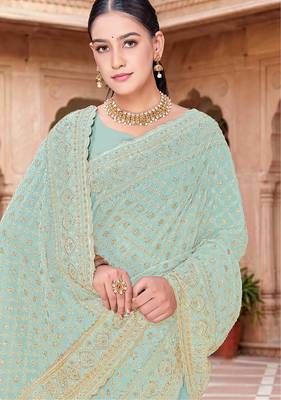 Designer sea green zari embroidery zarkan work georgette saree 2