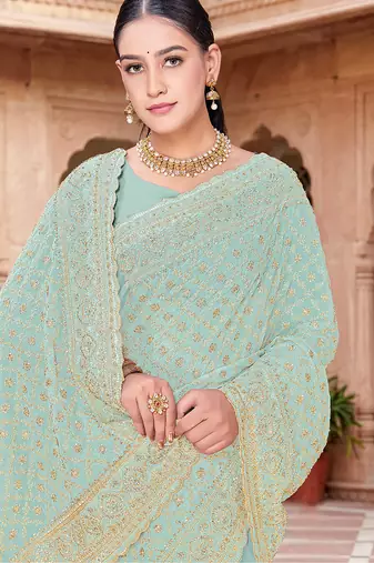 Designer sea green zari embroidery zarkan work georgette saree