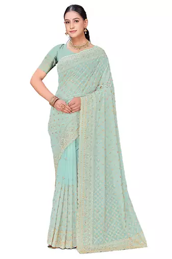 Designer sea green zari embroidery zarkan work georgette saree