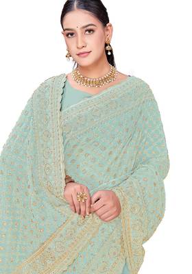 Designer sea green zari embroidery zarkan work georgette saree 4