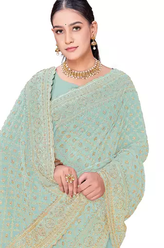 Designer sea green zari embroidery zarkan work georgette saree