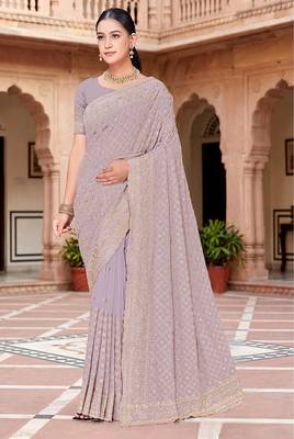 Designer lavender zari embroidery zarkan work georgette saree 1