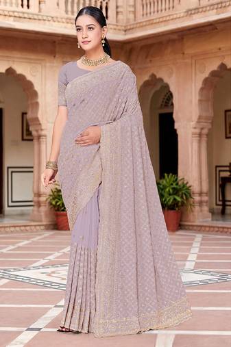 Designer lavender zari embroidery zarkan work georgette saree