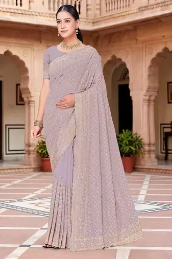 Designer lavender zari embroidery zarkan work georgette saree