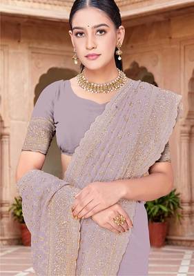 Designer lavender zari embroidery zarkan work georgette saree 2