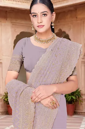 Designer lavender zari embroidery zarkan work georgette saree