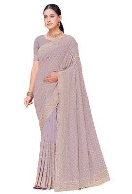 Designer lavender zari embroidery zarkan work georgette saree 3