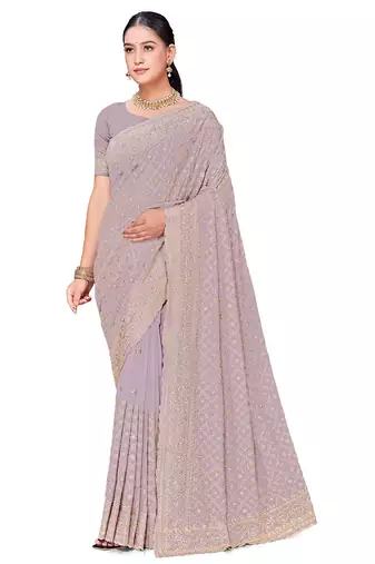 Designer lavender zari embroidery zarkan work georgette saree