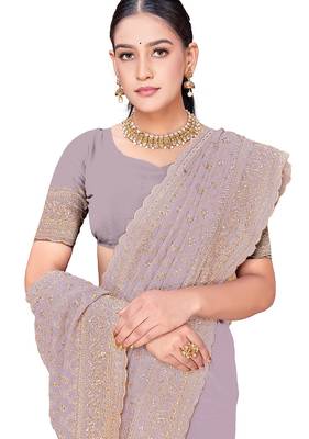 Designer lavender zari embroidery zarkan work georgette saree 4