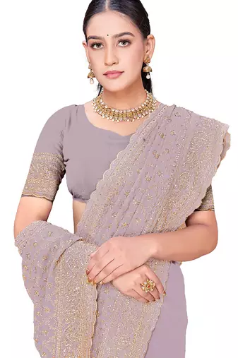 Designer lavender zari embroidery zarkan work georgette saree
