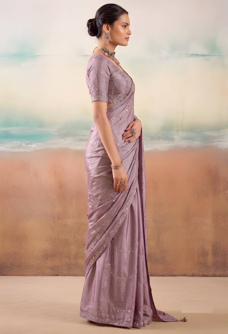 Lavender solid poly chiffon ethnic saree