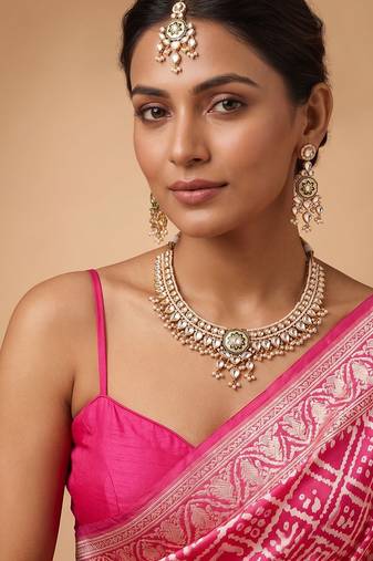 Gold plated white stones kundan necklace set with maang tikka