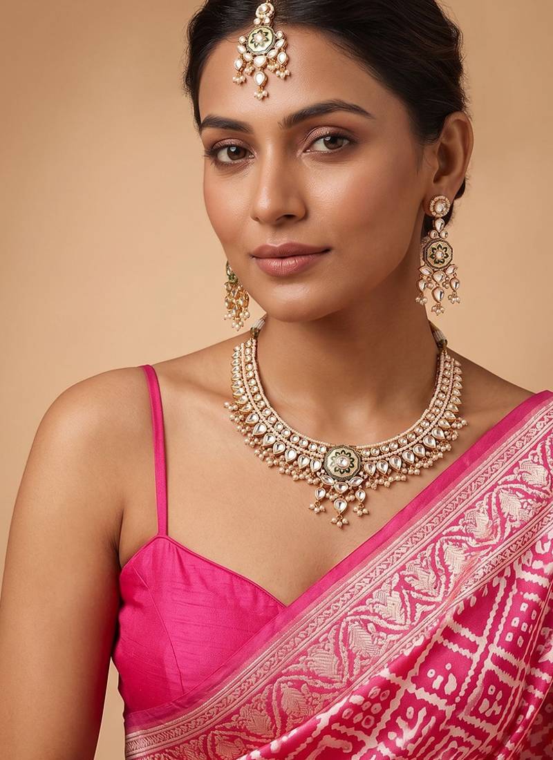 Gold plated white stones kundan necklace set with maang tikka
