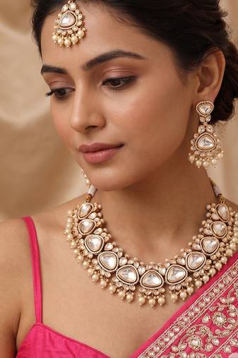 Gold plated white stones polki kundan necklace set with maang tikka