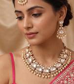 Gold plated white stones polki kundan necklace set with maang tikka