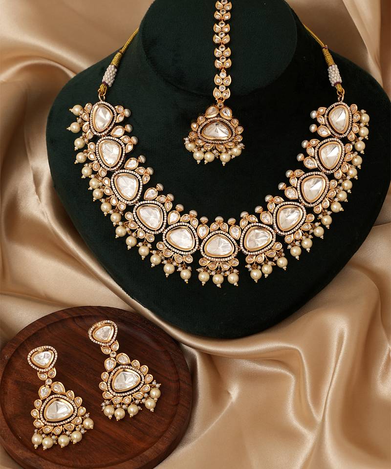 Gold plated white stones polki kundan necklace set with maang tikka