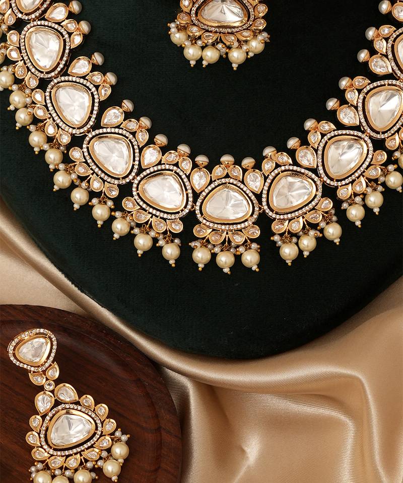 Gold plated white stones polki kundan necklace set with maang tikka
