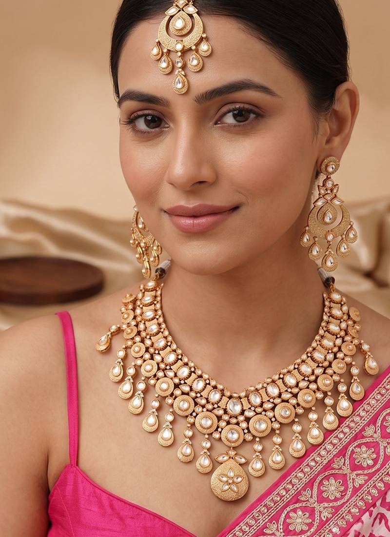 Antique textured gold polki collar necklace set with maang tikka