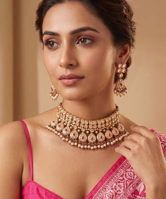 Gold plated pink kundan stones choker necklace set 1