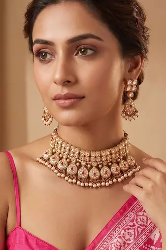 Gold plated pink kundan stones choker necklace set