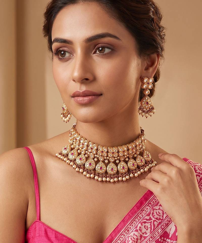 Gold plated pink kundan stones choker necklace set