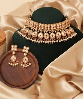Gold plated pink kundan stones choker necklace set 2