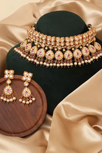 Gold plated pink kundan stones choker necklace set