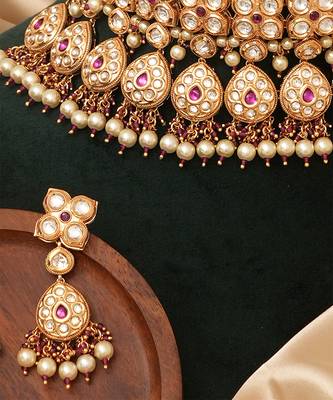 Gold plated pink kundan stones choker necklace set 3