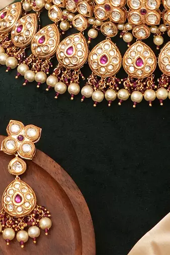 Gold plated pink kundan stones choker necklace set