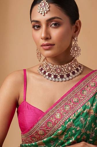 Gold plated maroon kundan choker necklace set with maang tikka