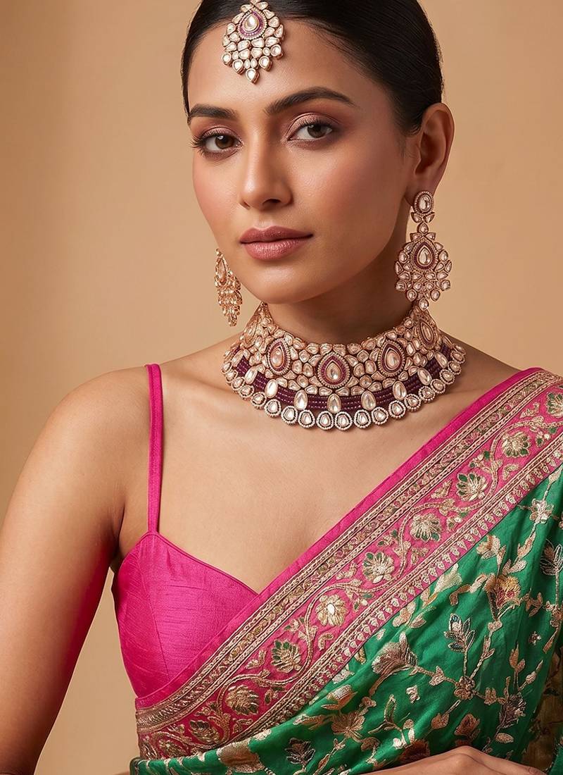 Gold plated maroon kundan choker necklace set with maang tikka