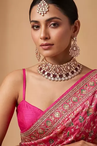 Gold plated maroon kundan choker necklace set with maang tikka
