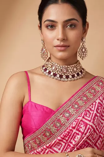 Gold plated maroon kundan choker necklace set with maang tikka
