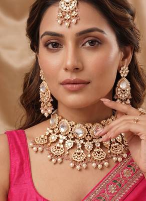 Gold plated light pink kundan choker necklace set with maang tikka 1
