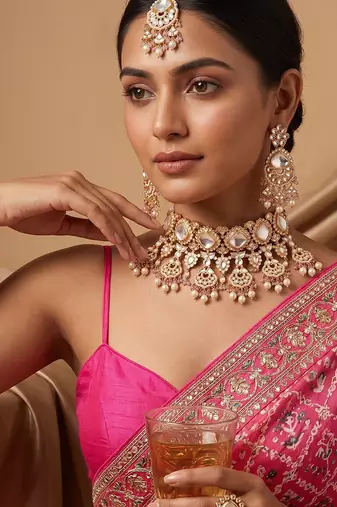 Gold plated light pink kundan choker necklace set with maang tikka