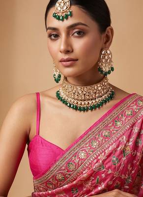 Emerald green stones polki band choker necklace set with maang tikka 4