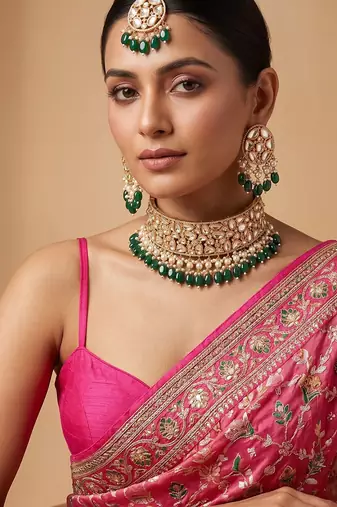 Emerald green stones polki band choker necklace set with maang tikka