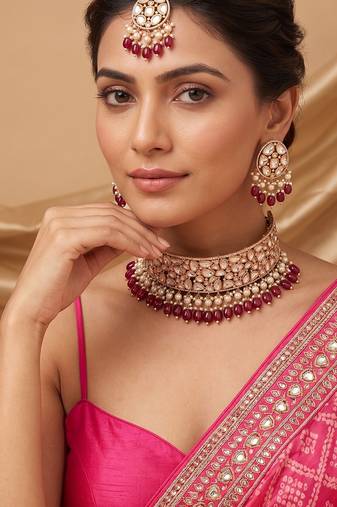 Maroon beaded polki choker necklace set with maang tikka