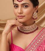 Maroon beaded polki choker necklace set with maang tikka