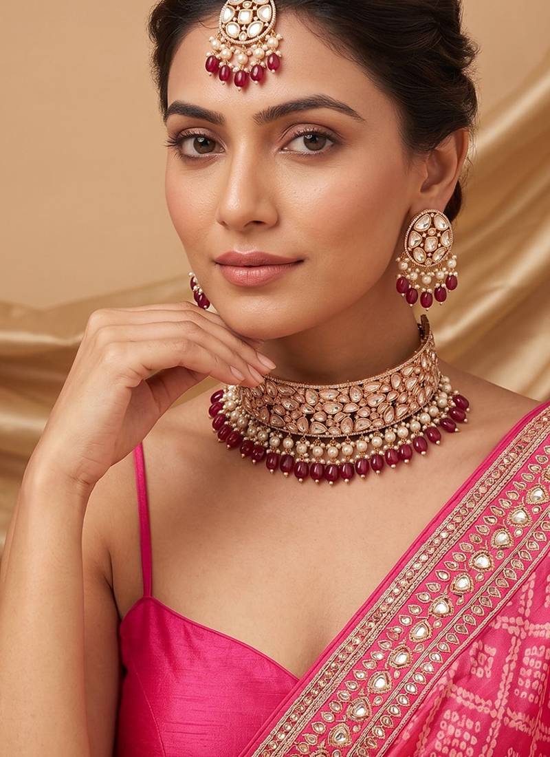 Maroon beaded polki choker necklace set with maang tikka